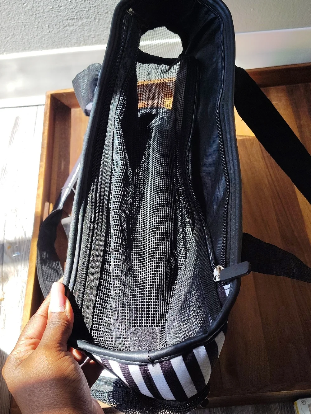 Black and White Striped Pet Carrier Bag
